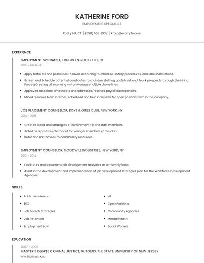 Employment Specialist Resume