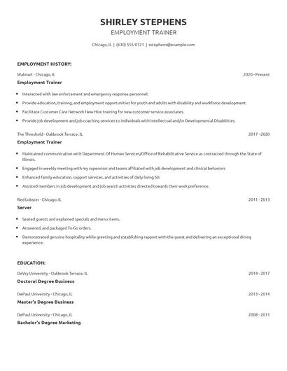 Employment Trainer Resume