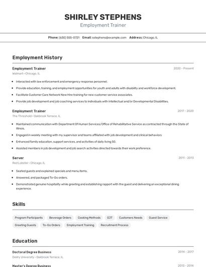 Employment Trainer Resume