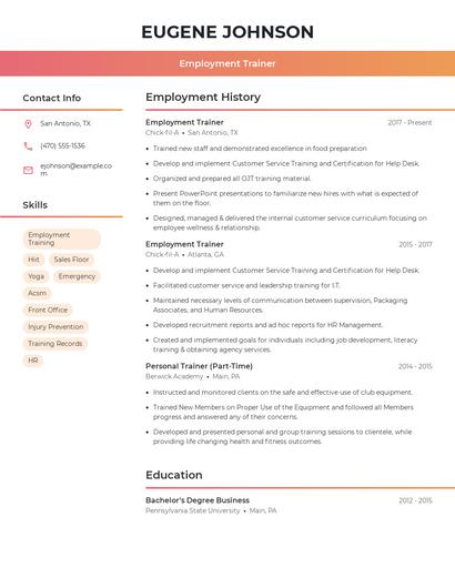 Employment Trainer Resume