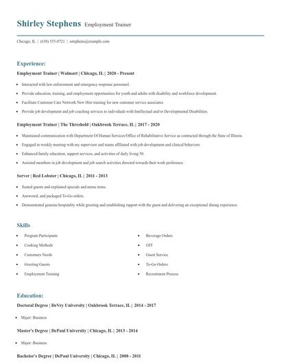 Employment Trainer Resume