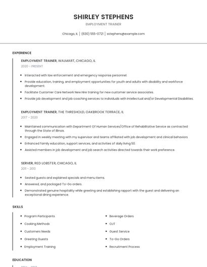Employment Trainer Resume