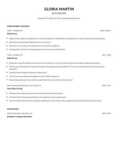 EMS Driver Resume