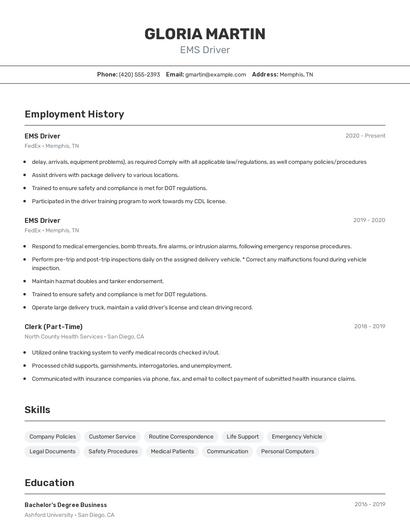 EMS Driver Resume