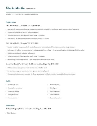 EMS Driver Resume
