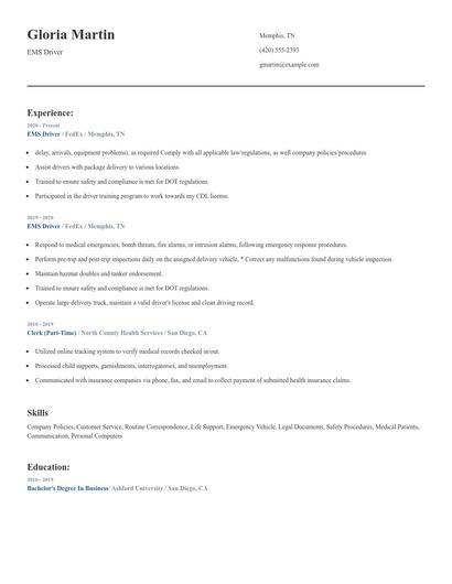 EMS Driver Resume