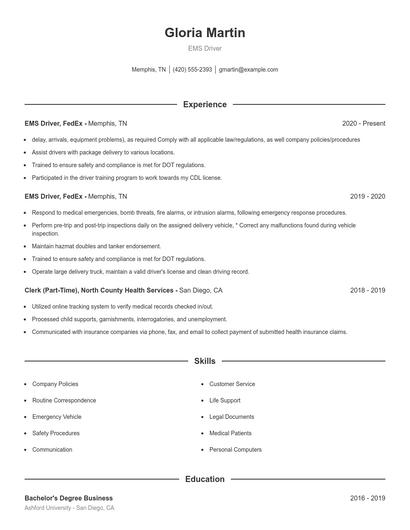 EMS Driver Resume