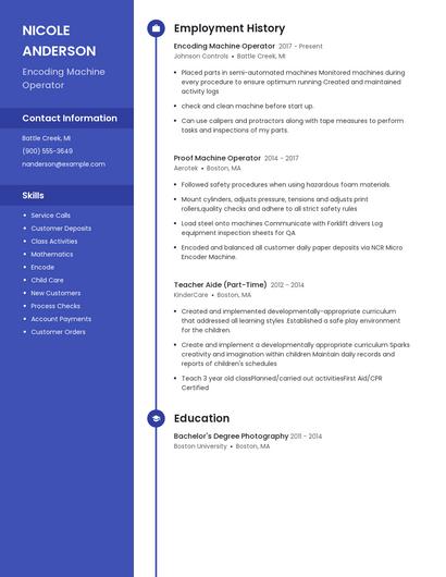 Encoding Machine Operator Resume