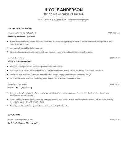 Encoding Machine Operator Resume