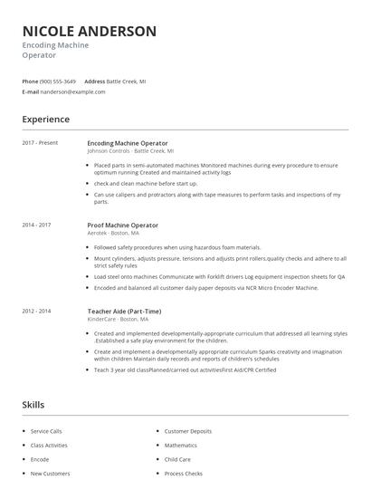Encoding Machine Operator Resume