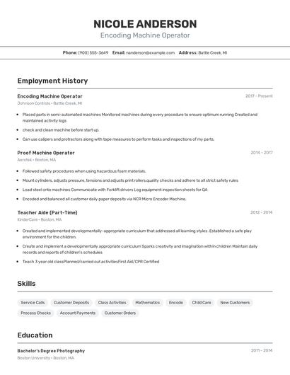 Encoding Machine Operator Resume