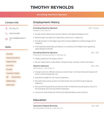 Encoding Machine Operator Resume