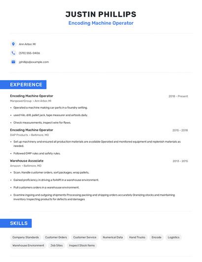 Encoding Machine Operator Resume