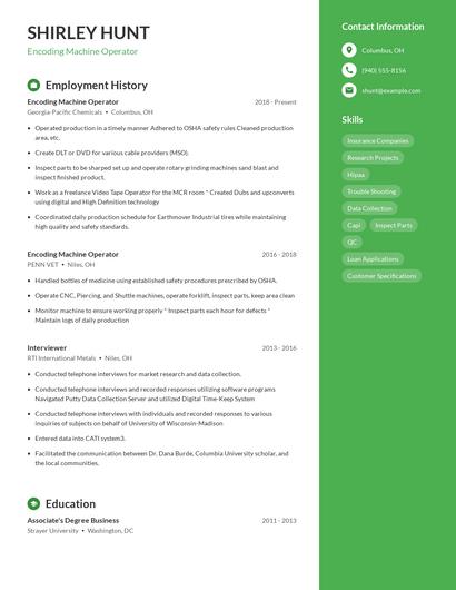 Encoding Machine Operator Resume