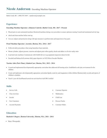 Encoding Machine Operator Resume