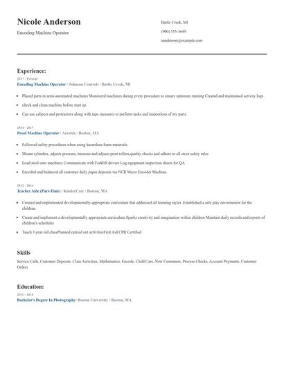 Encoding Machine Operator Resume