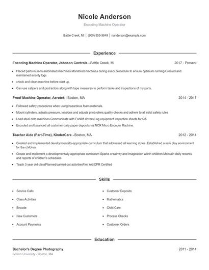 Encoding Machine Operator Resume