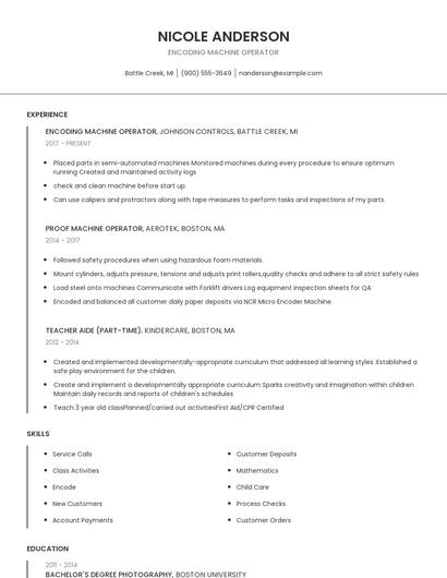 Encoding Machine Operator Resume