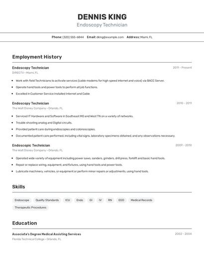 Endoscopy Technician Resume