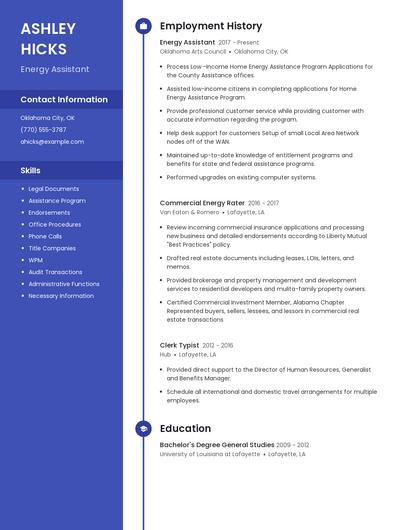 Energy Assistant Resume