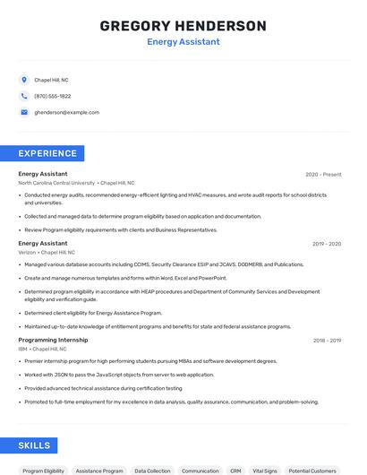 Energy Assistant Resume