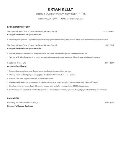 Energy Conservation Representative Resume