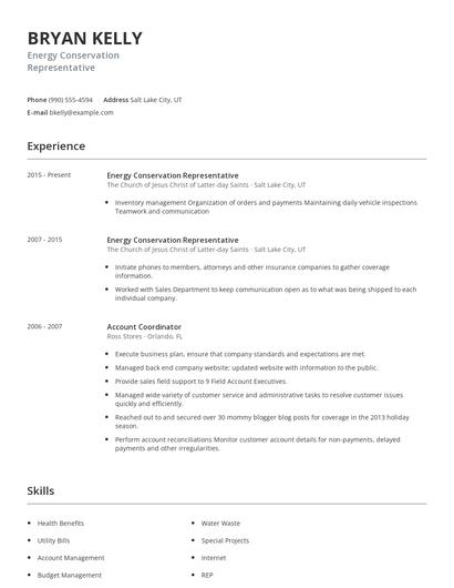 Energy Conservation Representative Resume