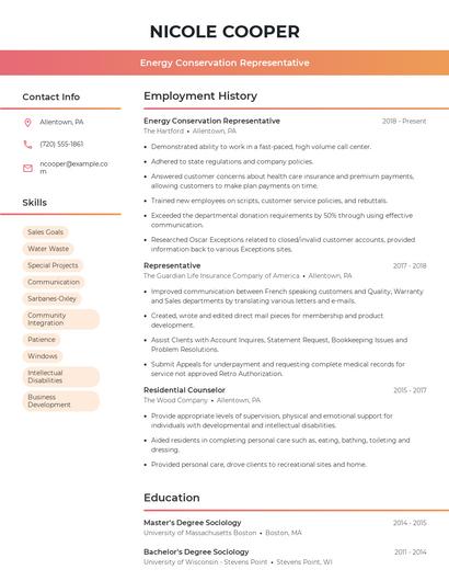 Energy Conservation Representative Resume