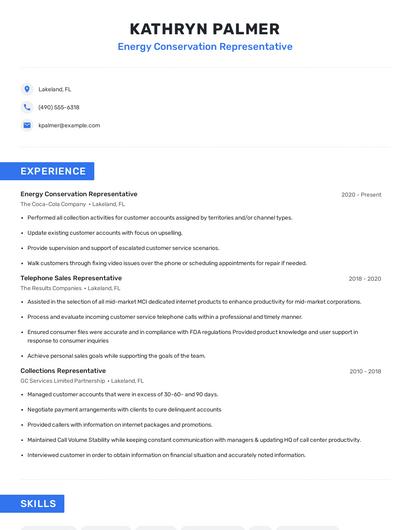Energy Conservation Representative Resume