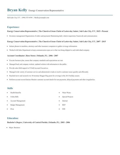 Energy Conservation Representative Resume