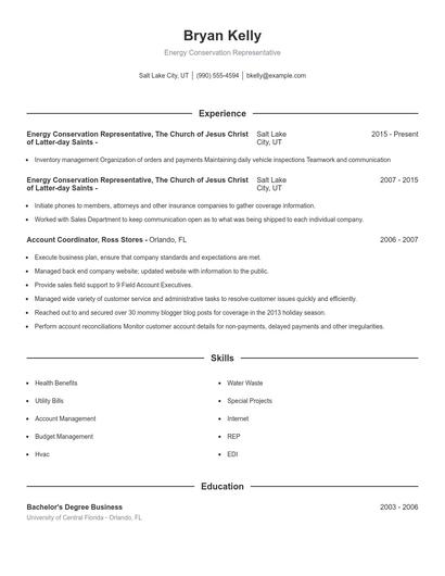 Energy Conservation Representative Resume