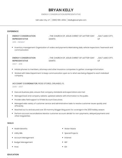 Energy Conservation Representative Resume