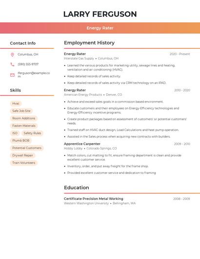 Energy Rater Resume