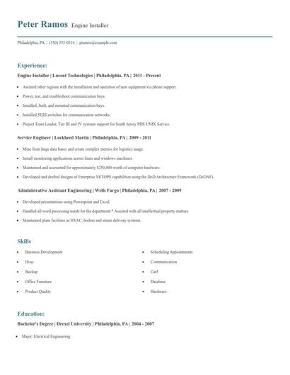 Engine Installer Resume