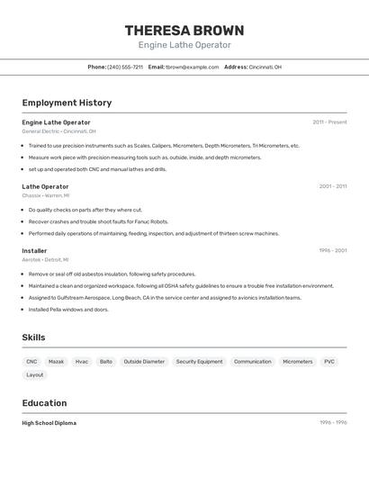 Engine Lathe Operator Resume