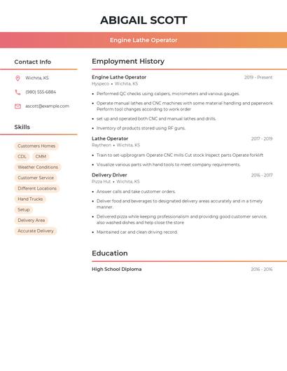 Engine Lathe Operator Resume