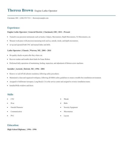 Engine Lathe Operator Resume