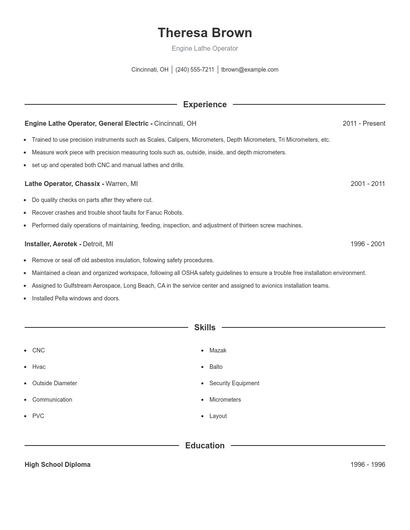 Engine Lathe Operator Resume