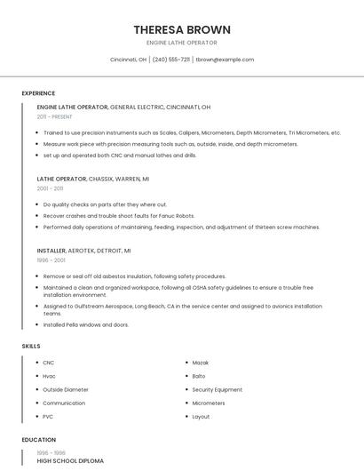 Engine Lathe Operator Resume