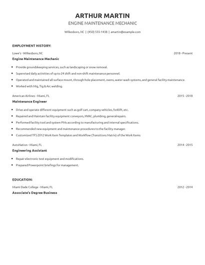Engine Maintenance Mechanic Resume