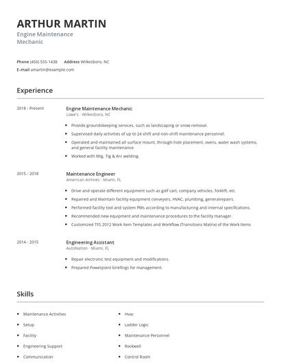 Engine Maintenance Mechanic Resume