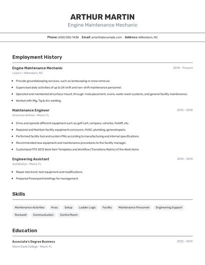 Engine Maintenance Mechanic Resume