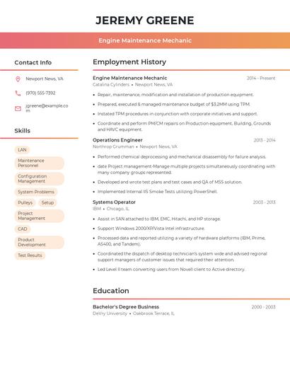 Engine Maintenance Mechanic Resume