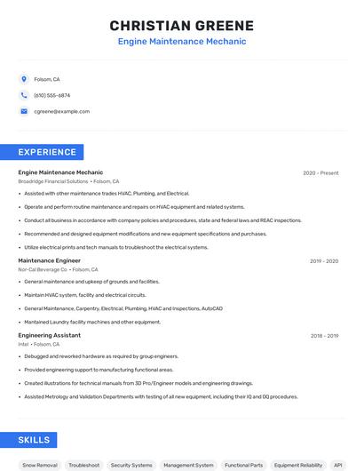 Engine Maintenance Mechanic Resume