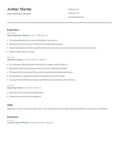 Engine Maintenance Mechanic Resume