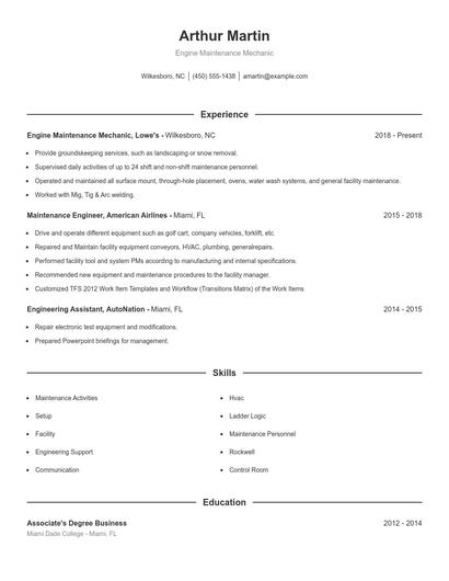 Engine Maintenance Mechanic Resume