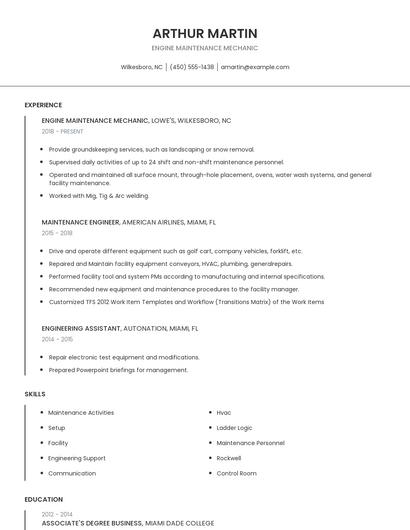 Engine Maintenance Mechanic Resume