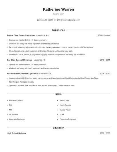 Engine Oiler Resume