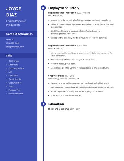 Engine Repairer, Production Resume