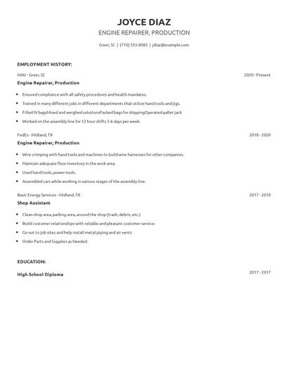Engine Repairer, Production Resume